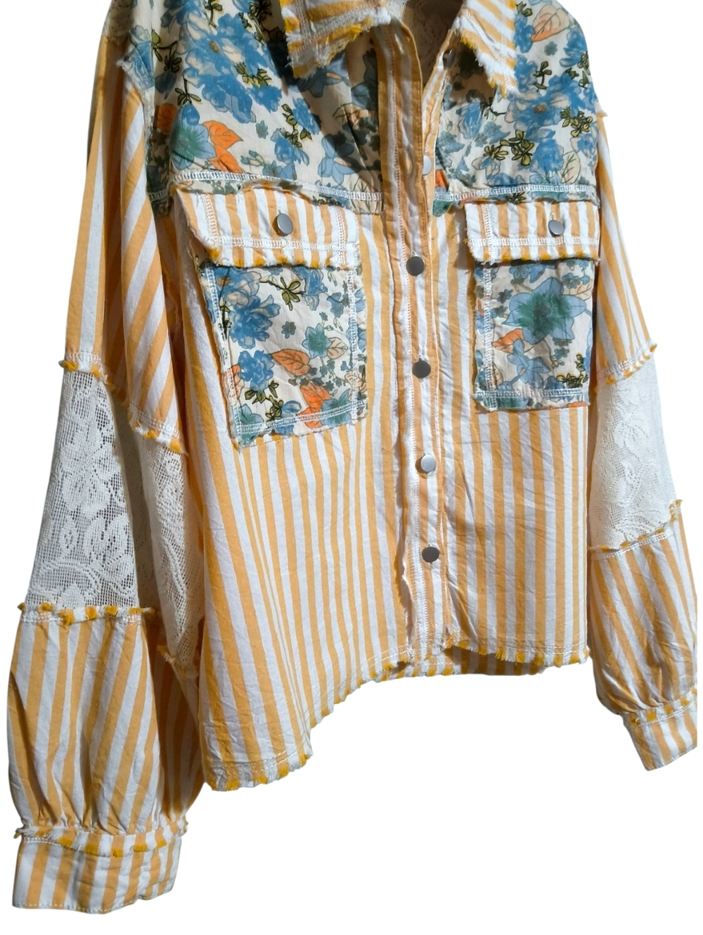 POL Yellow Stripe Blue Floral Boho Cottagecore Patchwork Shacket Top with Lace - Picture 3 of 11